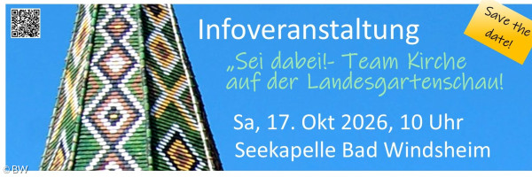 Kirchturm der Seekapelle mit bunten Ziegeln, Text daneben