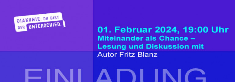 Einladung in Farben Lila und Balu mit Logo Diakonie, Bildungswerk und Dekanat NEA 