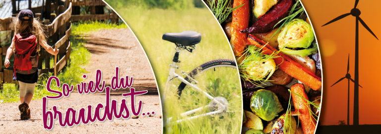 Vier Bildmotive werden gezeigt: Kinder , das wandert, Fahrrad in einer Wise, Gemüse in der Pfanne und Windräder beim Sonnenuntergang