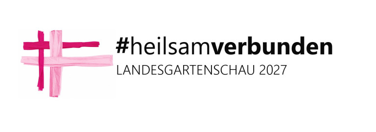 Logo mit zwei Kreuzen aus Tüchern in Magenta und Pink