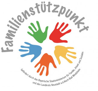 Logo Familienstützpunkt mit 5 farbigen Händen