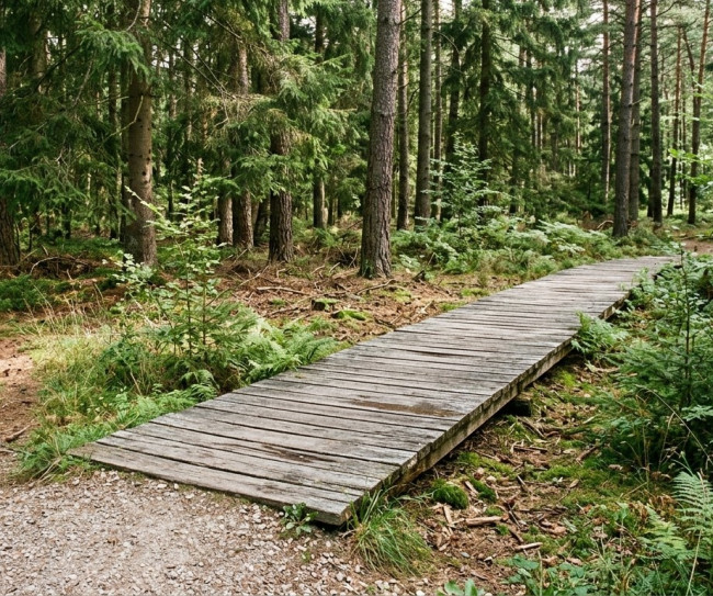Holzsteg, der in Baumhain aus Kiefern führt