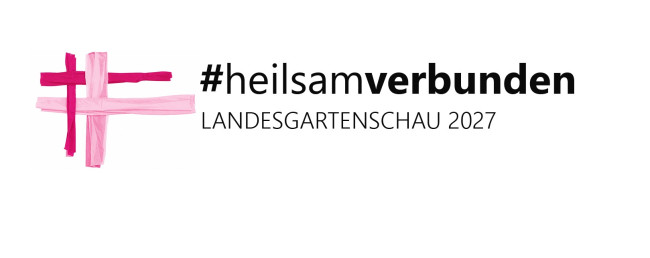 Logo mit zwei Kreuzen aus Tüchern in Magenta und Pink