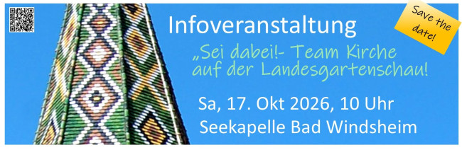 Kirchturm der Seekapelle mit bunten Ziegeln, Text daneben